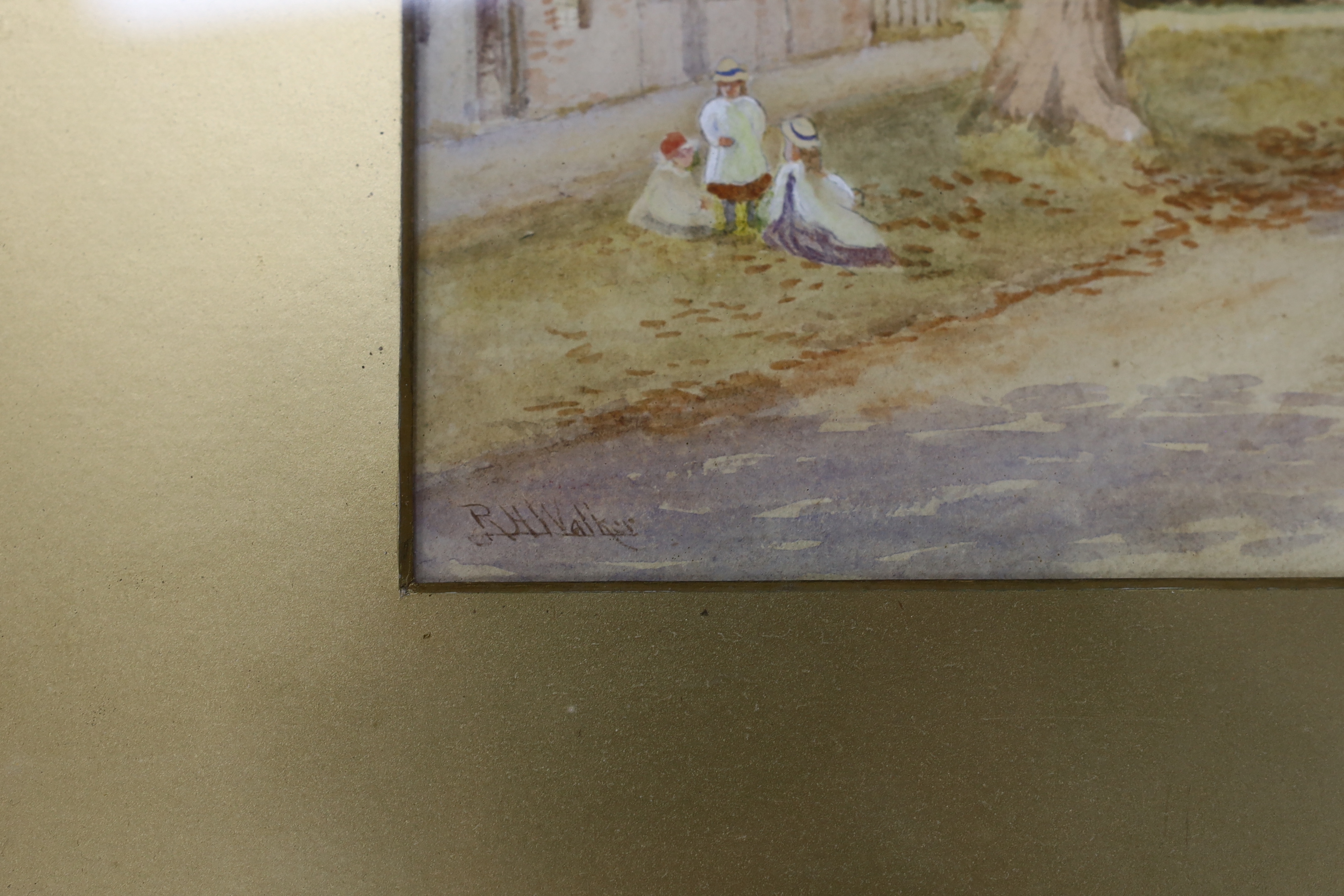Robert Hollands Walker (fl.1882-1920) pair of heightened watercolours, village street scenes, signed, 20 x 32cm